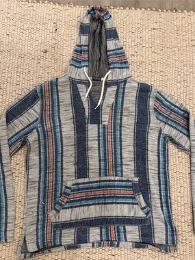 EARTHBOUND Striped Hooded Baja-Style Pullover in Gray, Navy & Teal